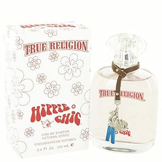 Side view of the True Religion Hippie Chic Perfume bottle and box. The bottle showcases a unique and vibrant design, while the box features bohemian-inspired branding and accents.