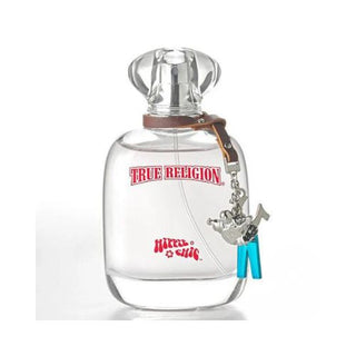 True Religion Hippie Chic Perfume bottle featuring a unique and vibrant design. The fragrance reveals notes of raspberry, apple blossom, and musk, evoking a sense of free-spiritedness and bohemian charm. Available at fragrancedealz.com.