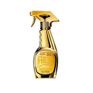 Moschino Fresh Gold Couture Perfume bottle showcasing a luxurious gold design with elegant accents. The fragrance boasts notes of citrus, floral, and woody undertones, creating a sophisticated scent. Available at fragrancedealz.com