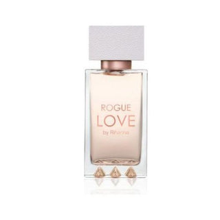 Rihanna Rogue Love Perfume bottle featuring a sophisticated and elegant design. The fragrance boasts notes of citrus, red berries, and velvety musk, creating a captivating scent. Available at fragrancedealz.com.