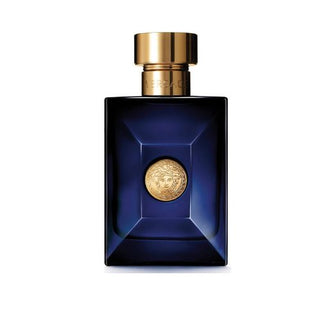 The captivating Versace Pour Homme Dylan Blue Cologne bottle, radiating sophistication with its deep blue hue and intricate design, available on Fragrancedealz.com.