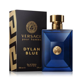 The Versace Pour Homme Dylan Blue Cologne bottle placed on the right with its sleek box on the left, providing a dynamic display of scent and packaging on Fragrancedealz.com.