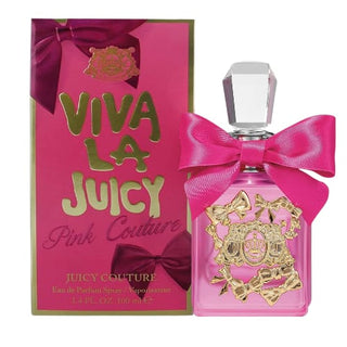 Viva La Juicy Pink Couture perfume bottle elegantly positioned on the left in front of its box on Fragrancedealz.com