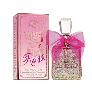 Viva La Juicy Rose Perfume bottle with its matching box, both adorned with glittering pink and gold accents, showcasing a luxurious floral fragrance for women, on Fragrancedealz.com