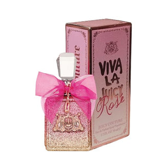 Side view of Viva La Juicy Rose Perfume bottle in front of its box, highlighting a sparkling blend of jasmine, rose, and peony notes for women, available on Fragrancedealz.com