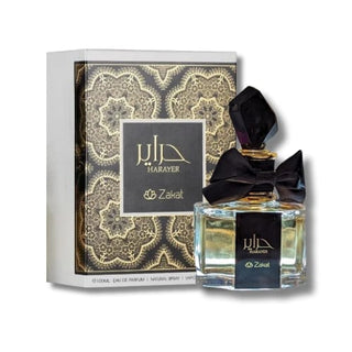 Front view showcasing the Harayer By Zakat bottle and its elegant box, capturing the essence of opulence and allure. Explore its captivating essence at fragrancedealz.com