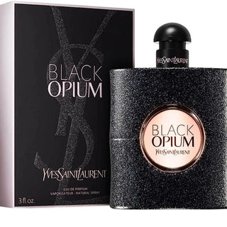 Side view of the YSL Black Opium Perfume for Women box, paired with the front view of its iconic bottle, capturing the essence of seduction and sophistication. Explore the allure at fragrancedealz.com