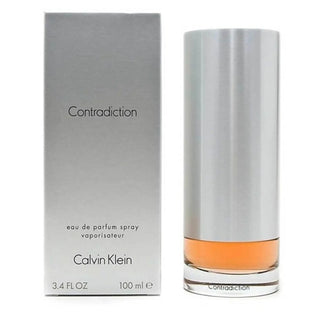 Rectangular glass bottle of 'CK Contradiction Perfume' with silver cap and matching box, displayed separately on Fragrancedealz.com"