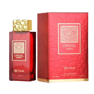  Side view of a Crystal Garnate perfume box and bottle by Zakat, available at fragrancedealz.com. The elegant box features a deep red color with gold accents, while the matching bottle has a sleek design with a crystal-like appearance.