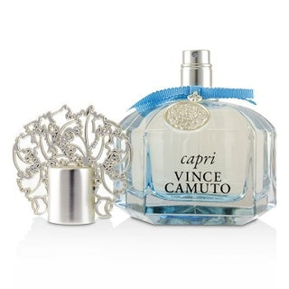 Glass bottle of Vince Camuto Capri Perfume without its cap, highlighting the blue gradient design, shown on Fragrancedealz.com