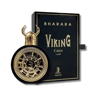 Front view showcasing the Bharara Viking Cairo 100ML For Unisex perfume bottle and its elegant box, with the bottle standing prominently in front, exuding sophistication and strength. Explore its captivating essence at fragrancedealz.com