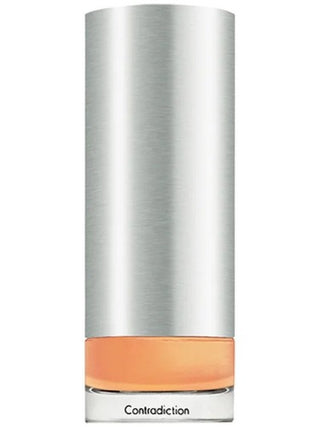 Rectangular glass bottle of 'CK Contradiction Perfume' with silver cap, displayed on Fragrancedealz.com