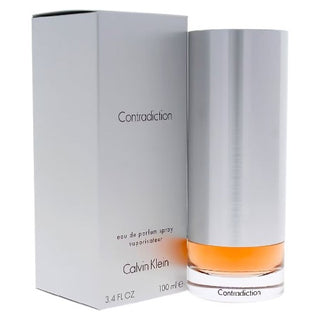 Rectangular glass bottle of 'CK Contradiction Perfume' with silver cap standing in front of its matching box, displayed on Fragrancedealz.com