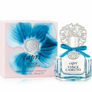 Glass bottle of Vince Camuto Capri Perfume positioned in front of its matching box, showcased on Fragrancedealz.com