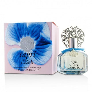 Glass bottle of Vince Camuto Capri Perfume and its matching box, presented separately on Fragrancedealz.com