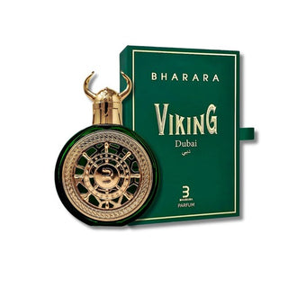 Front view showcasing the Bharara Viking Dubai 100ML For Unisex perfume bottle and its elegant box, with the bottle standing prominently in front, exuding strength and sophistication. Explore its captivating essence at fragrancedealz.com