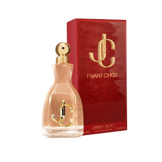 I Want Choo Perfume: Front view of the glamorous bottle, side view of the elegantly designed box, with the bottle standing gracefully in front, embodying luxury and sophistication, available at fragrancedealz.com