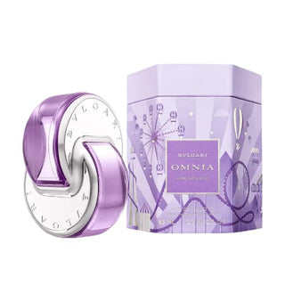 Omnia Amethyste Perfume: Front view of the exquisite box, with a side view of the elegantly crafted bottle, offering a glimpse of its allure and sophistication, available at fragrancedealz.com