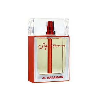 Signature Red By Al Harmain: A striking bottle design that exudes sophistication and luxury, available at fragrancedealz.com