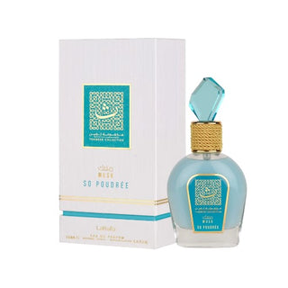 Explore the opposite side view of the So Poudre By Lattafa perfume bottle and box, showcasing every angle of its exquisite design, exclusively at fragrancedealz.com