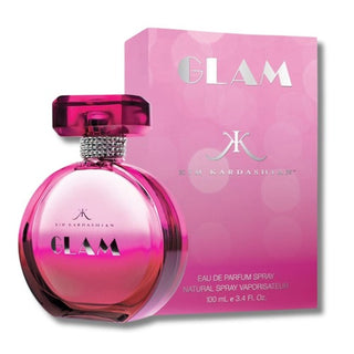 Side view of Kim Kardashian Glam Perfume bottle elegantly positioned in front of its accompanying box, showcasing sophistication and allure. Explore the essence of glamour at fragrancedealz.com