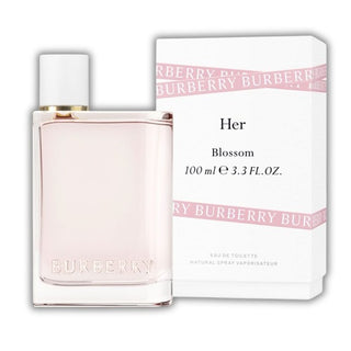 Bottle of Burberry Her Blossom Perfume elegantly positioned in front of its exquisite box. Experience the essence of spring at fragrancedealz.com