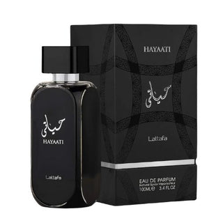 Hayaati Lattafa EDP, 3.4 oz bottle with stylish box packaging. Available at fragrancedealz.com