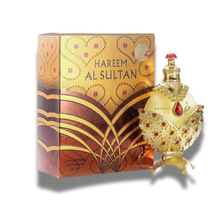 Front view showcasing the Hareem Al Sultan Perfume bottle and its luxurious box, with the bottle standing prominently in front, exuding opulence and allure. Explore its captivating essence at fragrancedealz.com