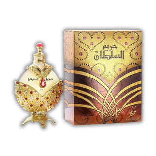 Side view featuring the Hareem Al Sultan Perfume bottle, paired with the front view of its luxurious box, capturing the essence of opulence and allure. Explore its captivating essence at fragrancedealz.com