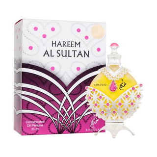 Khadlaj Hareem Al Sultan Silver Oil, 15 ml bottle with stylish box packaging. Available at fragrancedealz.com