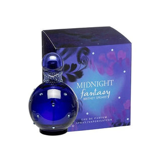 Deep blue bottle of Fantasy Midnight Perfume positioned in front of its matching box, showcased on Fragrancedealz.com