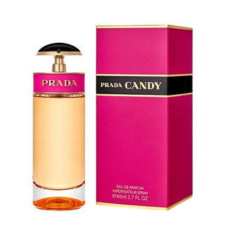 Front view featuring the captivating Prada Candy Perfume bottle, paired with a side view of its elegant box, capturing the essence of sweetness and sophistication. Discover its allure at fragrancedealz.com