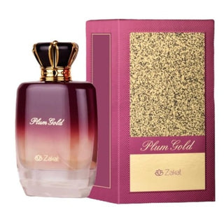 Side view of Plum Gold By Zakat perfume bottle and box, radiating sophistication and luxury. Explore this captivating scent at fragrancedealz.com