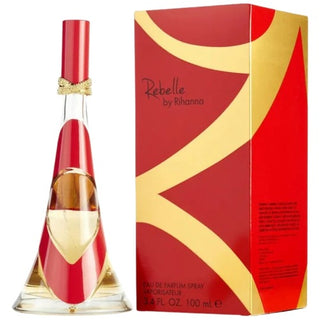 Side view of the Rebelle Perfume bottle and its accompanying box, capturing the essence of daring femininity and sophistication. Discover the allure at fragrancedealz.com.