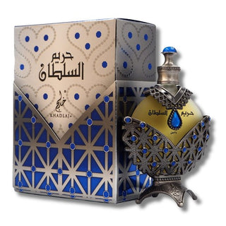 Opposite side view showcasing the elegant design of both the Hareem Al Sultan Blue perfume bottle and its accompanying box, reflecting sophistication and opulence from all angles. Discover its captivating essence at fragrancedealz.com