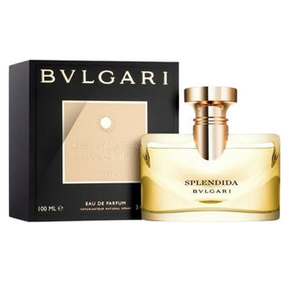 Front view showcasing the elegant Bvlgari Splendida Iris D'or Perfume bottle and its luxurious box, with the bottle prominently standing in front, emanating opulence and sophistication. Explore its captivating essence at fragrancedealz.com