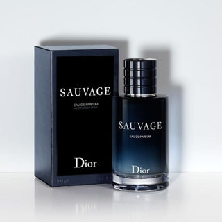 Explore the iconic Dior Sauvage cologne, presented alongside its distinguished packaging. Immerse yourself in timeless elegance at FragranceDealz.com