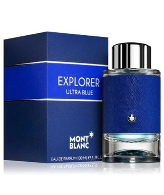 Side view of Montblanc Explorer Ultra Blue Cologne bottle in front of its box at fragrancedealz.com