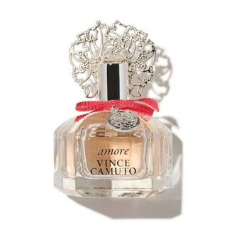 Elegant glass bottle of Vince Camuto Amore Perfume with intricate design, offered on Fragrancedealz.com