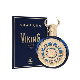 Front view showcasing the Bharara Viking Beirut 100ML For Unisex perfume bottle and its elegant box, with the bottle standing prominently in front, exuding strength and elegance. Explore its captivating essence at fragrancedealz.com