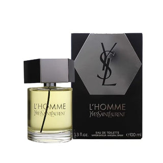 YSL L'homme Cologne bottle paired with its refined box, presenting a harmonious combination of luxury and style, on Fragrancedealz.com